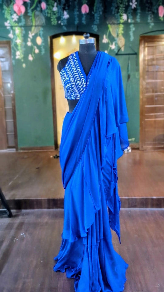Royal Blue Ruffled Saree with Handwork Blouse | Ready to Wear Soft Silk Saree | Designer Indian Party Wear