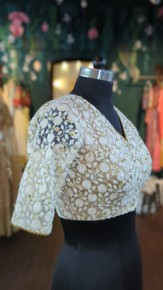 Ivory and skin color thread work blouse with sequin flowers