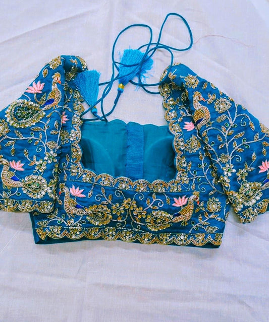 Teal Blue Peacock Embroidered Blouse | Lotus Motif Scallop Neck Choli | Indian Wedding Blouse | Readymade Sari Blouse for Women