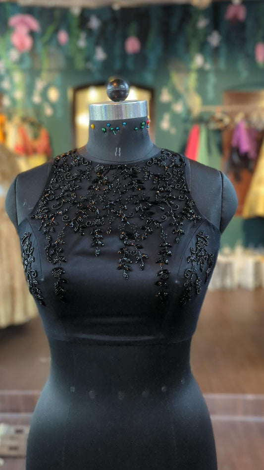 Black Beaded Blouse | Hand Embroidered Sleeveless Designer Blouse | Custom Fit Ethnic Crop Top | High Neck Party Wear Saree Blouse