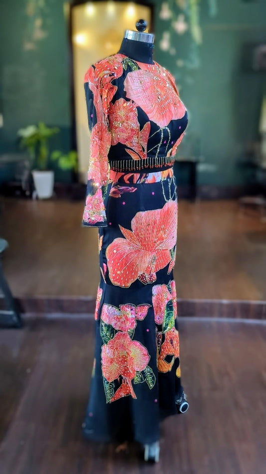 Hand Embroidered Fit & Flare Black Lehenga | Oversized Floral Print Skirt Set | Contemporary Indian Partywear | Artistic Embellished Lehenga