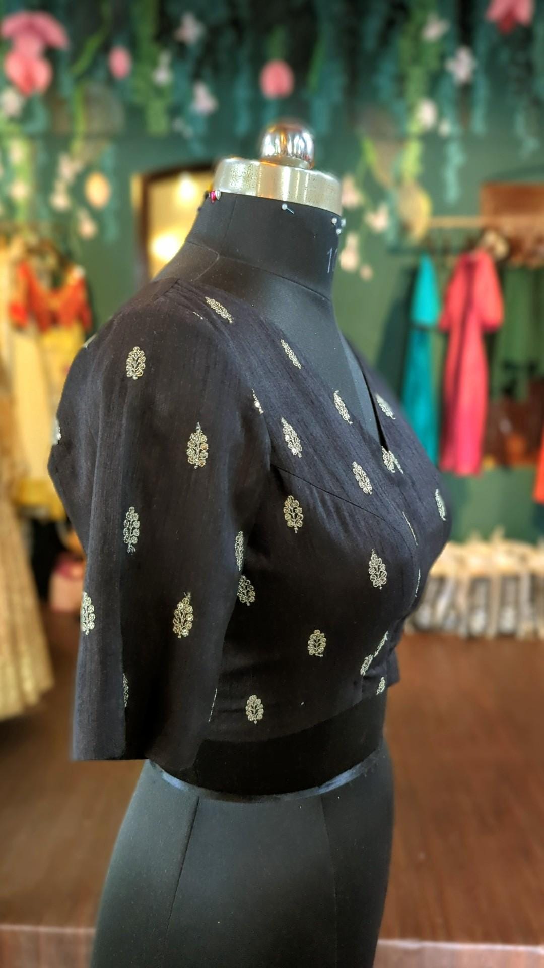Black V-Neck Handwoven Blouse with Silver Buti | Festive Indian Ethnic Blouse | Sabyasachi Style Choli | Readymade Blouse for Saree