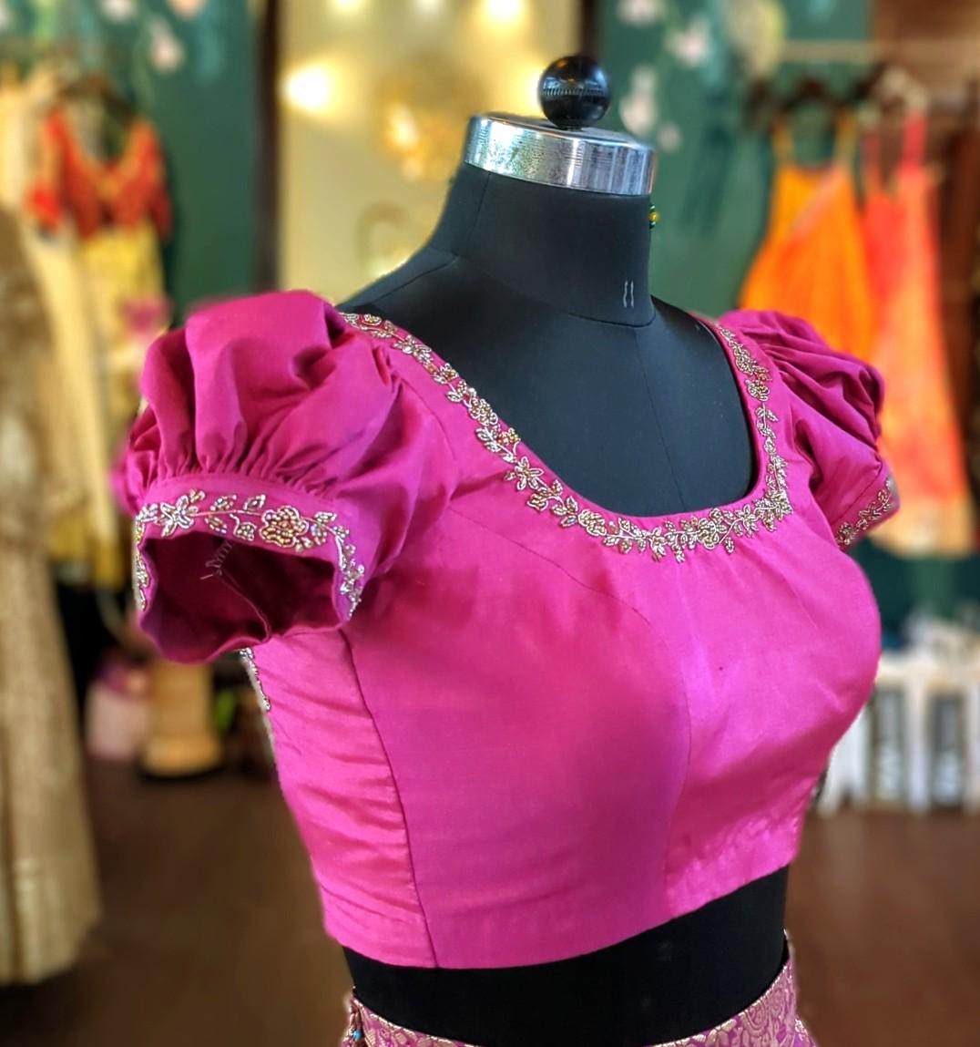 Magenta Puff Sleeve Blouse with Embroidery | Readymade pink Blouse | Festive Indian Crop Top | Lehenga Saree Blouse