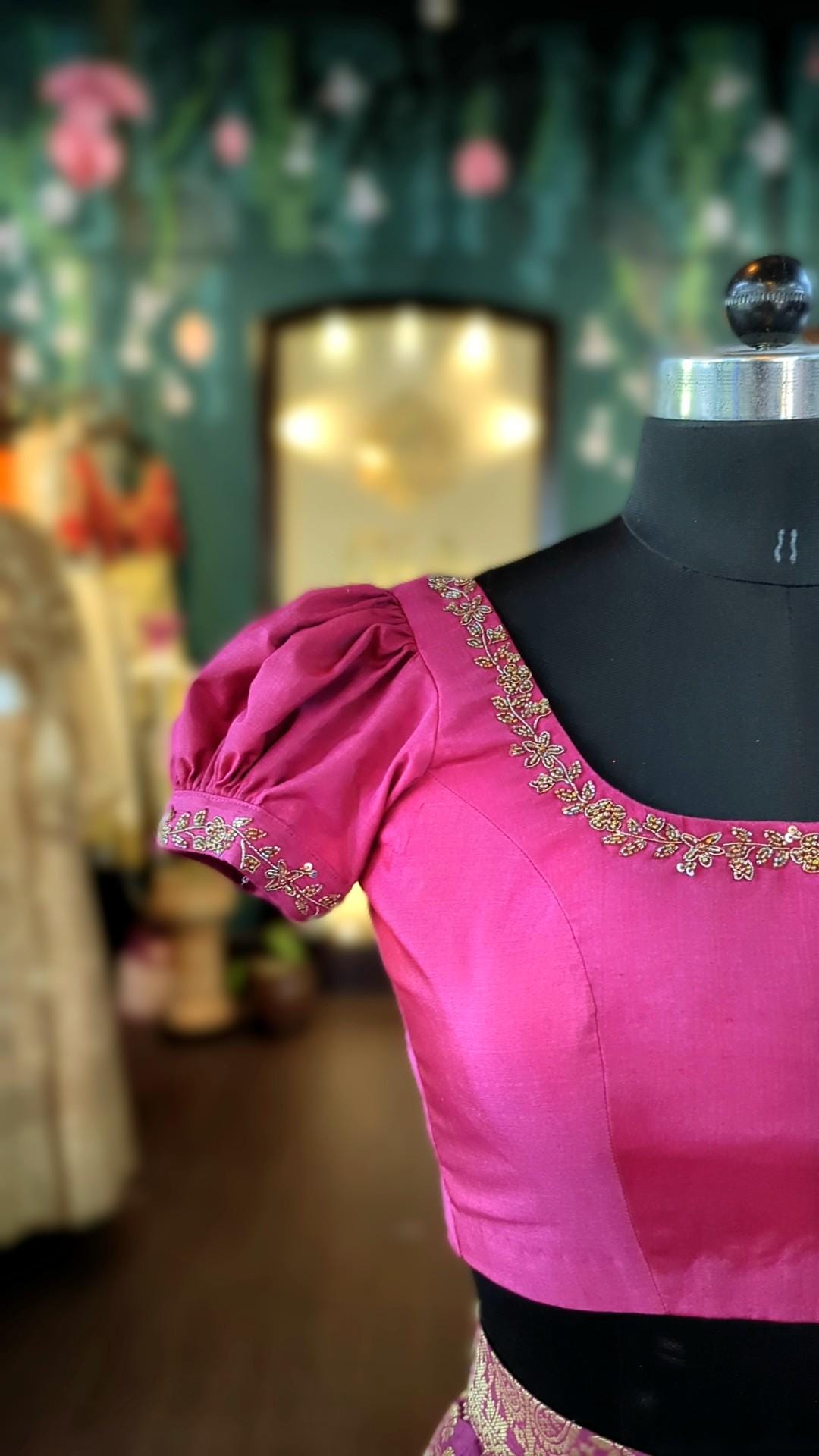 Magenta Puff Sleeve Blouse with Embroidery | Readymade pink Blouse | Festive Indian Crop Top | Lehenga Saree Blouse