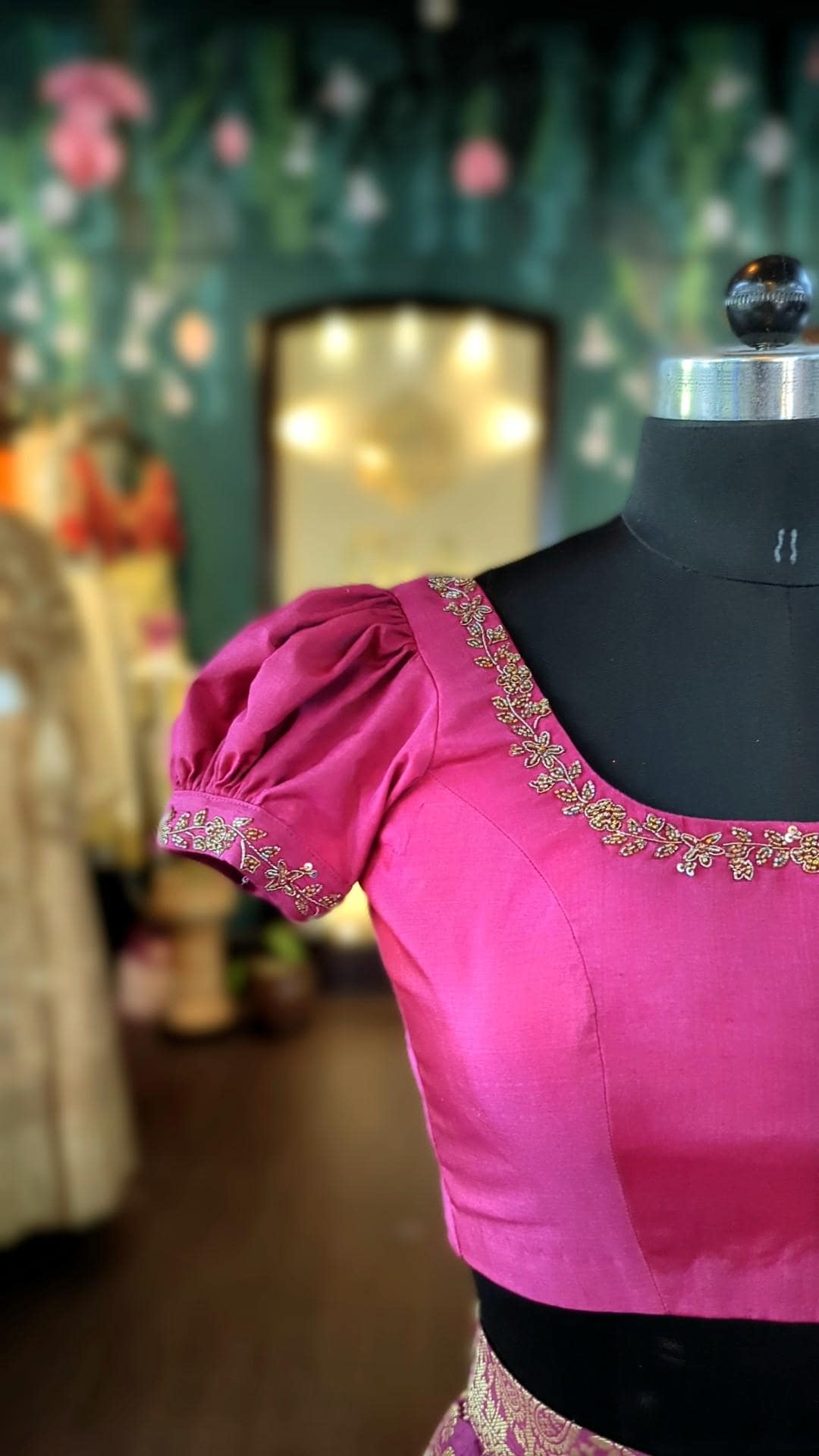 Magenta Puff Sleeve Blouse with Embroidery | Readymade pink Blouse | Festive Indian Crop Top | Lehenga Saree Blouse