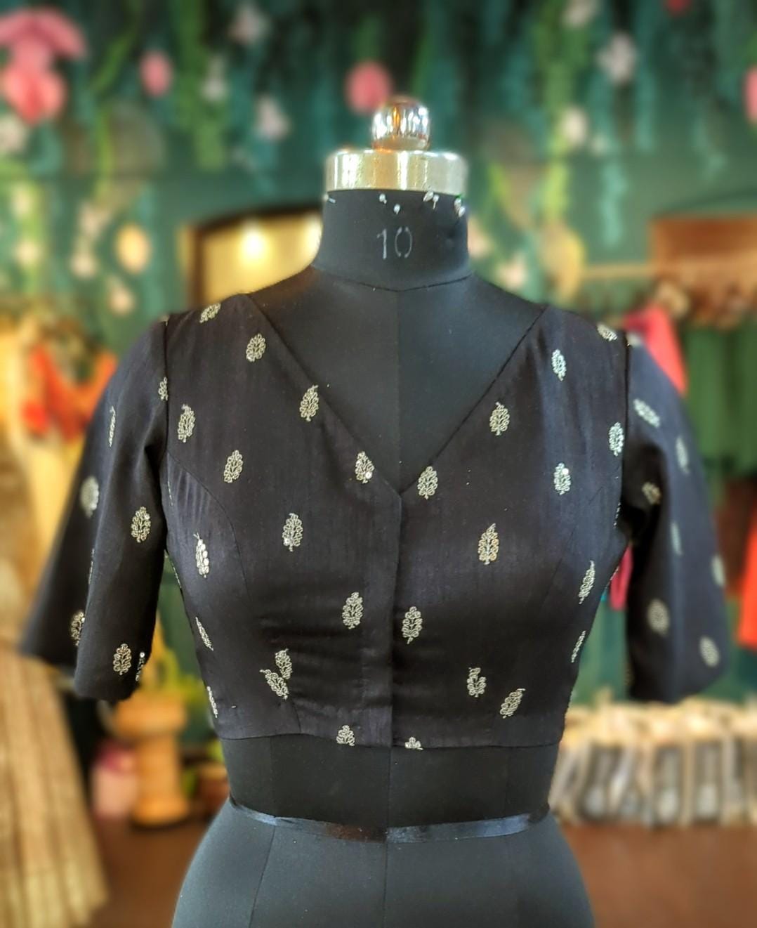 Black V-Neck Handwoven Blouse with Silver Buti | Festive Indian Ethnic Blouse | Sabyasachi Style Choli | Readymade Blouse for Saree