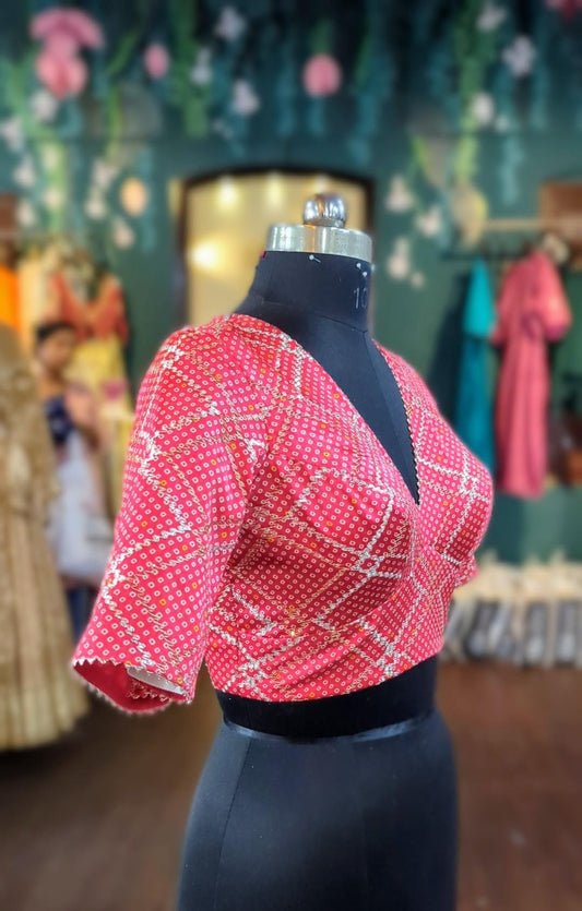Coral Red pink Bandhani Print Blouse | Deep V Neck Silk | Gota Patti Border Indian Saree Blouse