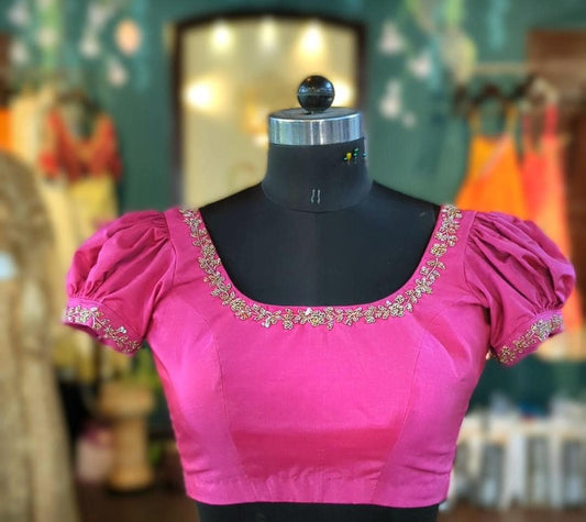 Magenta Puff Sleeve Blouse with Embroidery | Readymade pink Blouse | Festive Indian Crop Top | Lehenga Saree Blouse
