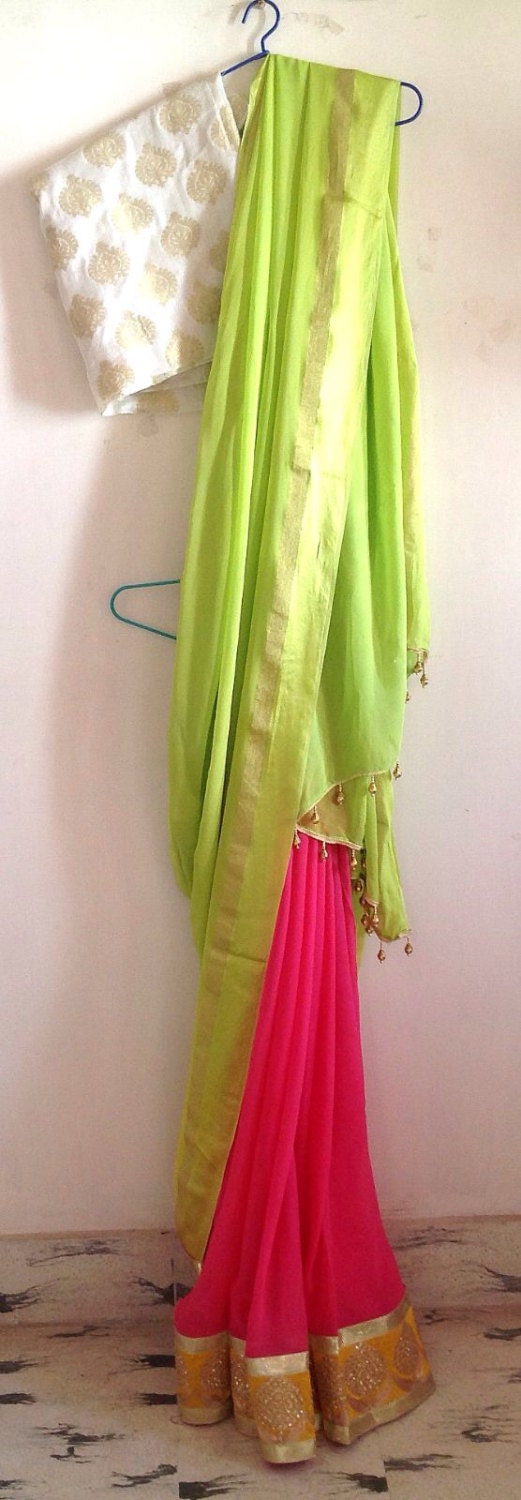 Pink Green Chiffon Saree with Brocade Blouse - Custom Made