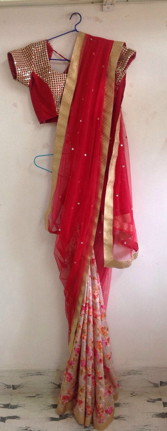 Pure Silk Crepe and Tulle Half and Half Saree with Floral & Red Design