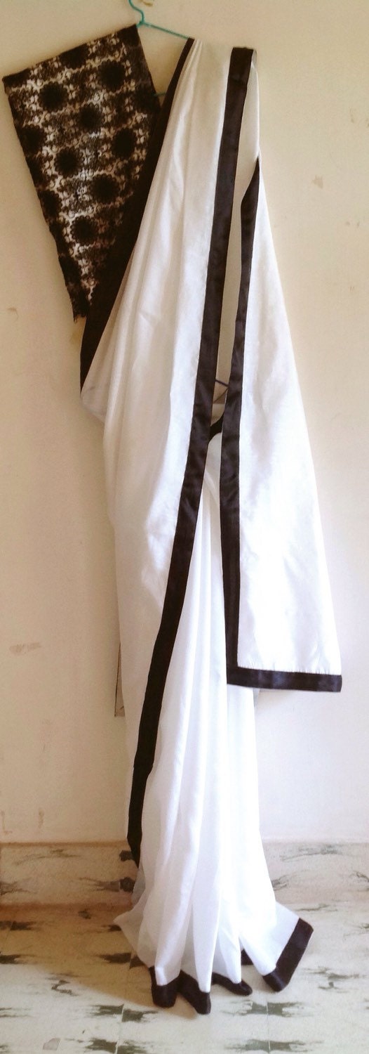 Black and White Jute Saree with Satin Border & Embroidered Lace Blouse